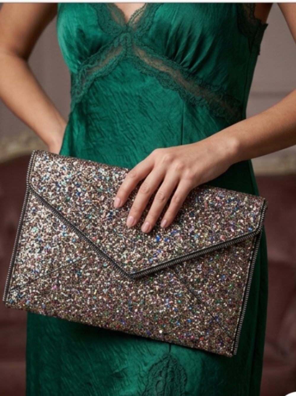 REBECCAMINKOFE Glitter Envelope Clutch - Multicolor Sparkle